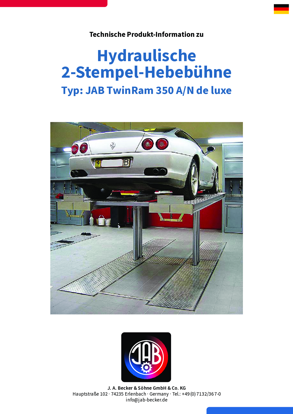 Hydraulische 2-Stempel-Hebebühne mit einem Fahrzeug darauf in einer Werkstatt.