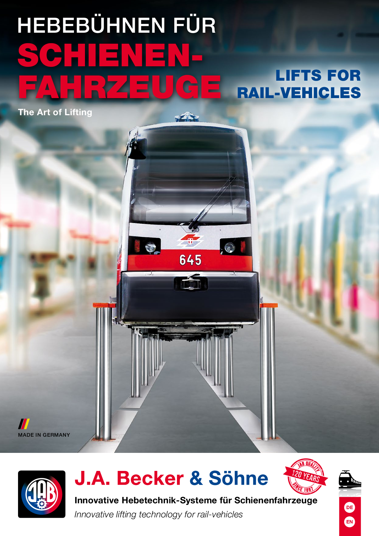 Ein Schienenfahrzeug, das auf einer Hebebühne angehoben wird, mit dem Text 'Hebebühnen für Schienenfahrzeuge' und 'Lifts for Rail-Vehicles' im Hintergrund.